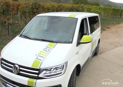 Ein weißer VW-Bulli mit "ritter"-Schriftzug, der auf einem Weg neben einem Weinberg geparkt ist und grüne Akzente am Fahrzeug aufweist.