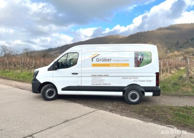 Ein weißer Lieferwagen der Grüber Holzbau GmbH parkt am Straßenrand in der Nähe von Weinbergen, mit Hügeln und bewölktem Himmel im Hintergrund.