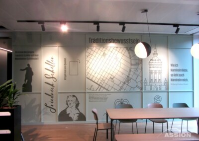 Ein moderner Büroraum mit einem großen Wandgemälde, das deutsche Texte, Karten, Architekturzeichnungen und historische Figuren zeigt, mit Tischen und Stühlen im Vordergrund.