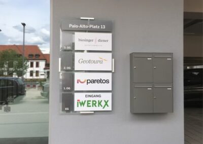 Büroverzeichnisschild für den Palo-Alto-Platz 13 mit Geschäftsnamen und Etagen neben einer Reihe grauer Briefkästen an einer Außenwand.
