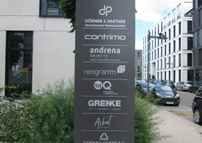 Auf einem hohen Außenschild sind vor Bürogebäuden Firmennamen und -logos aufgeführt, darunter Elysium, Dörner & Partner, Contrimo, Andrena, Neogramm, 1stQ, Grenke, Achat und Cosmo Consult.