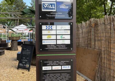 Hoher Wegweiser im Freien mit mehreren Sponsorenlogos und Informationstafeln, auf einem Kiesweg mit Bäumen, Zäunen und Sitzgelegenheiten im Freien im Hintergrund.