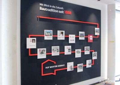 Das Wanddisplay zeigt eine Zeitleiste des Unternehmens mit Fotos, Daten und Meilensteinen, die die Bautradition seit 1888 beleuchtet. Rote Linien verbinden wichtige Ereignisse auf schwarzem Hintergrund.